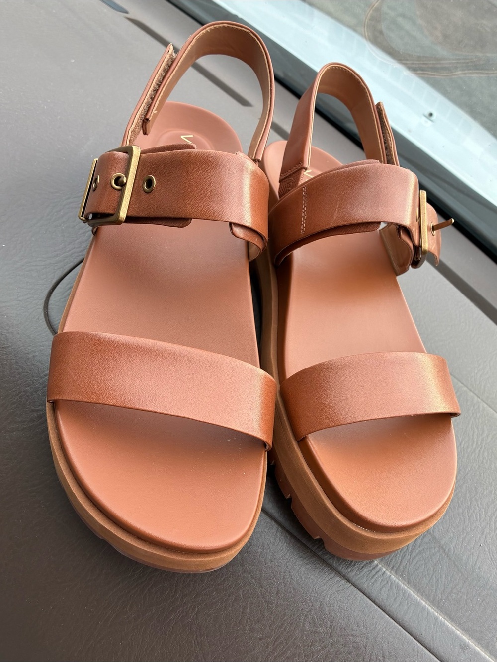 Vionic Tan Platform Slingback Sandals with Gold Buckle - Picture 2 of 10